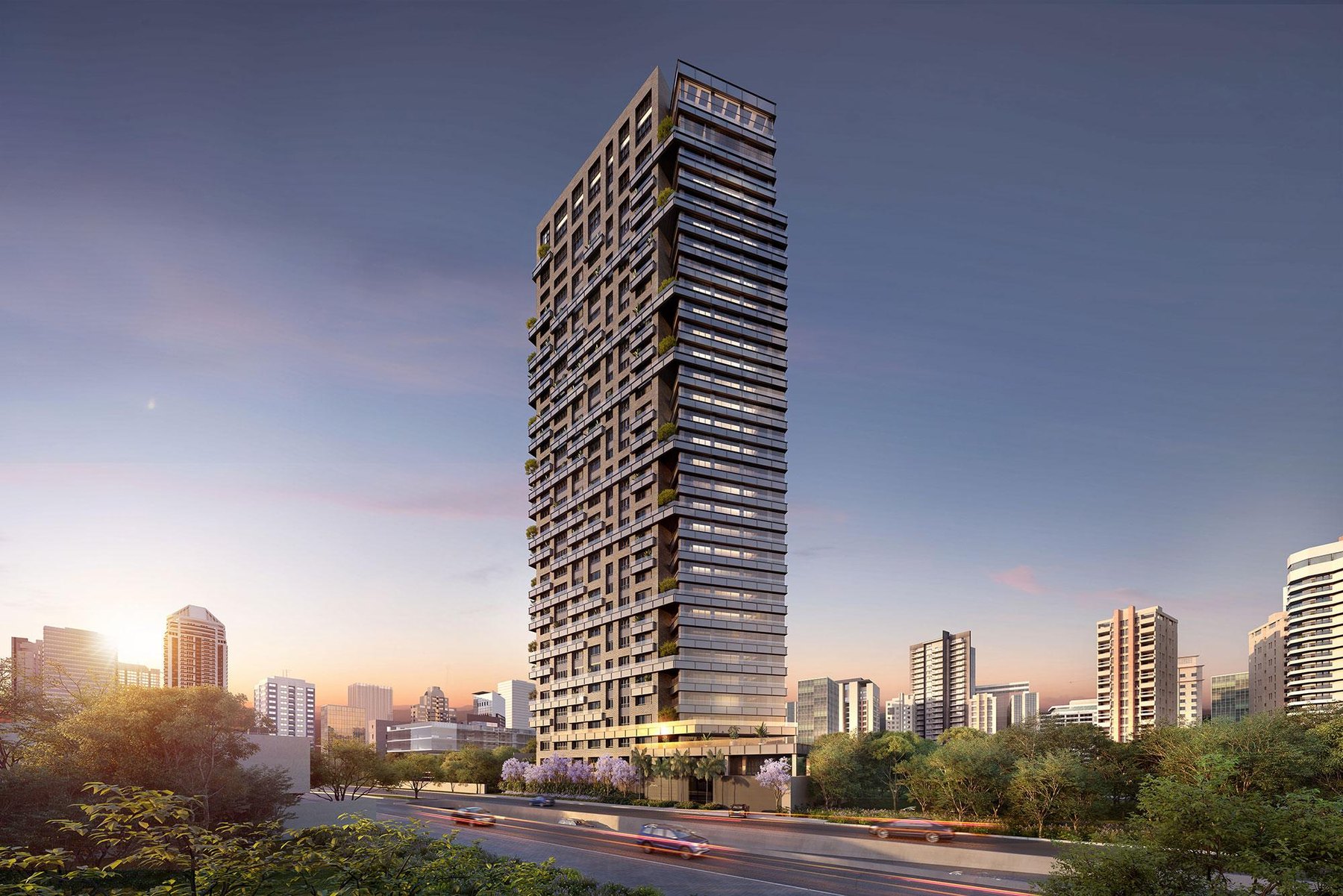 Torre residencial Arbórea com varandas envidraçadas e esquadrias de alumínio ao entardecer