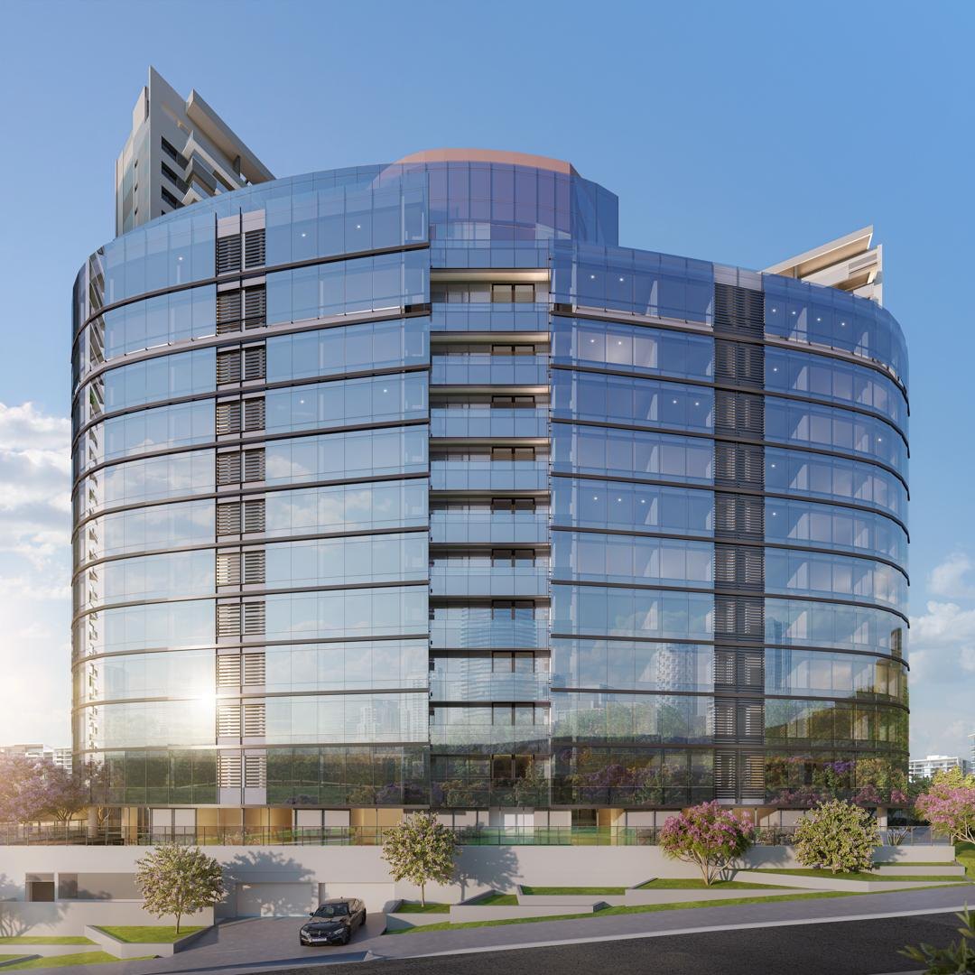 Edifício corporativo Ellipse Tower com fachada curva em vidro e alumínio