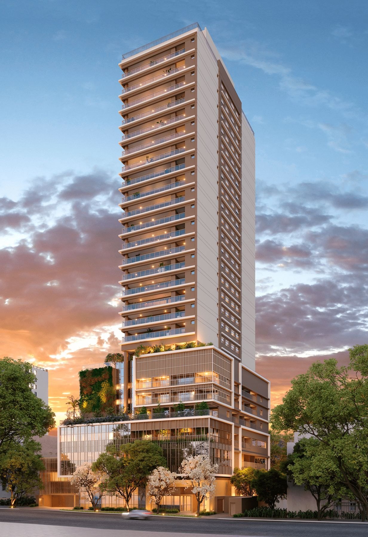 Torre residencial Le Jardin Cyrela by YOO com grandes vãos envidraçados e guarda-corpos em vidro