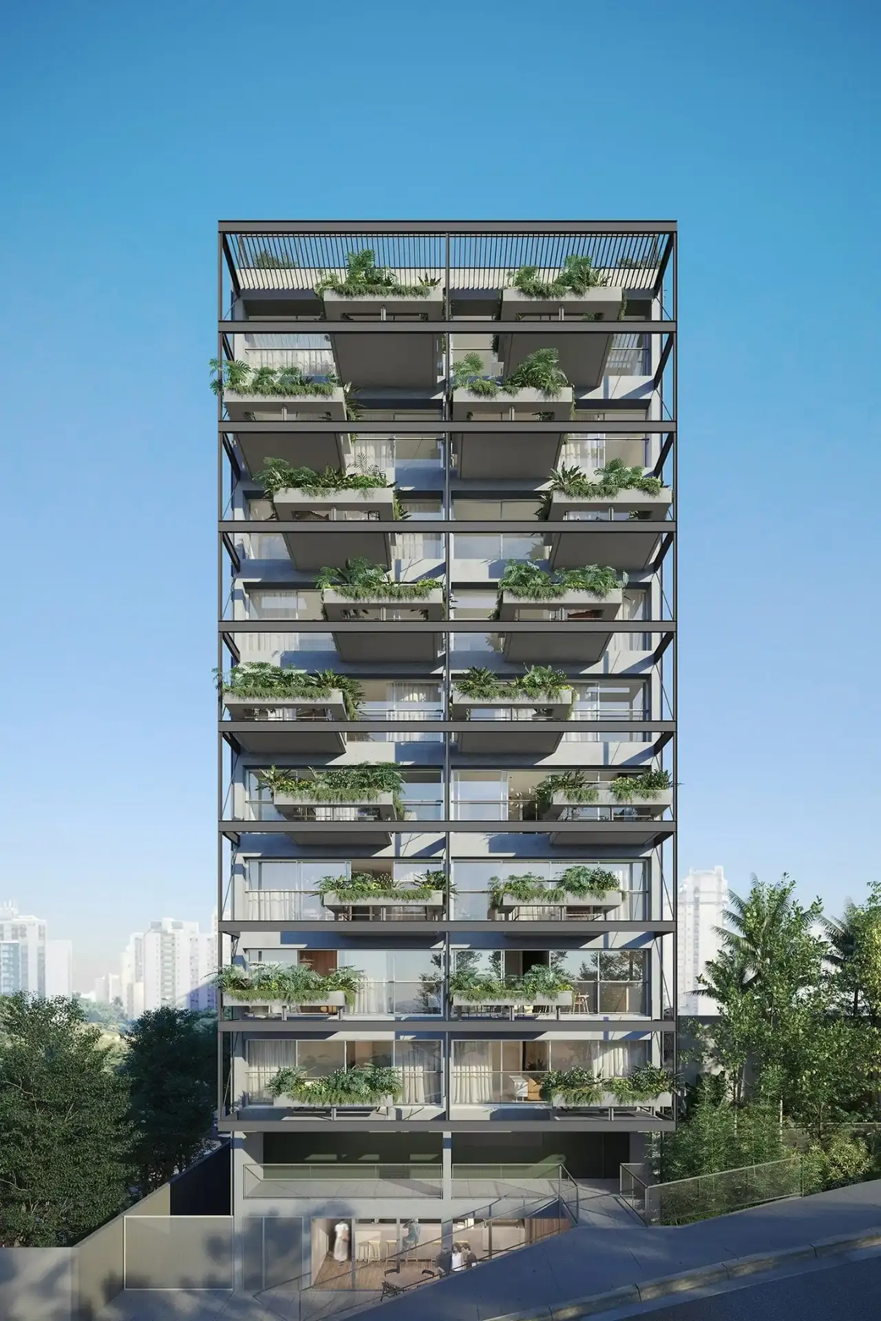 Edifício Tuca com fachada em vidro, esquadrias de alumínio e varandas com jardins